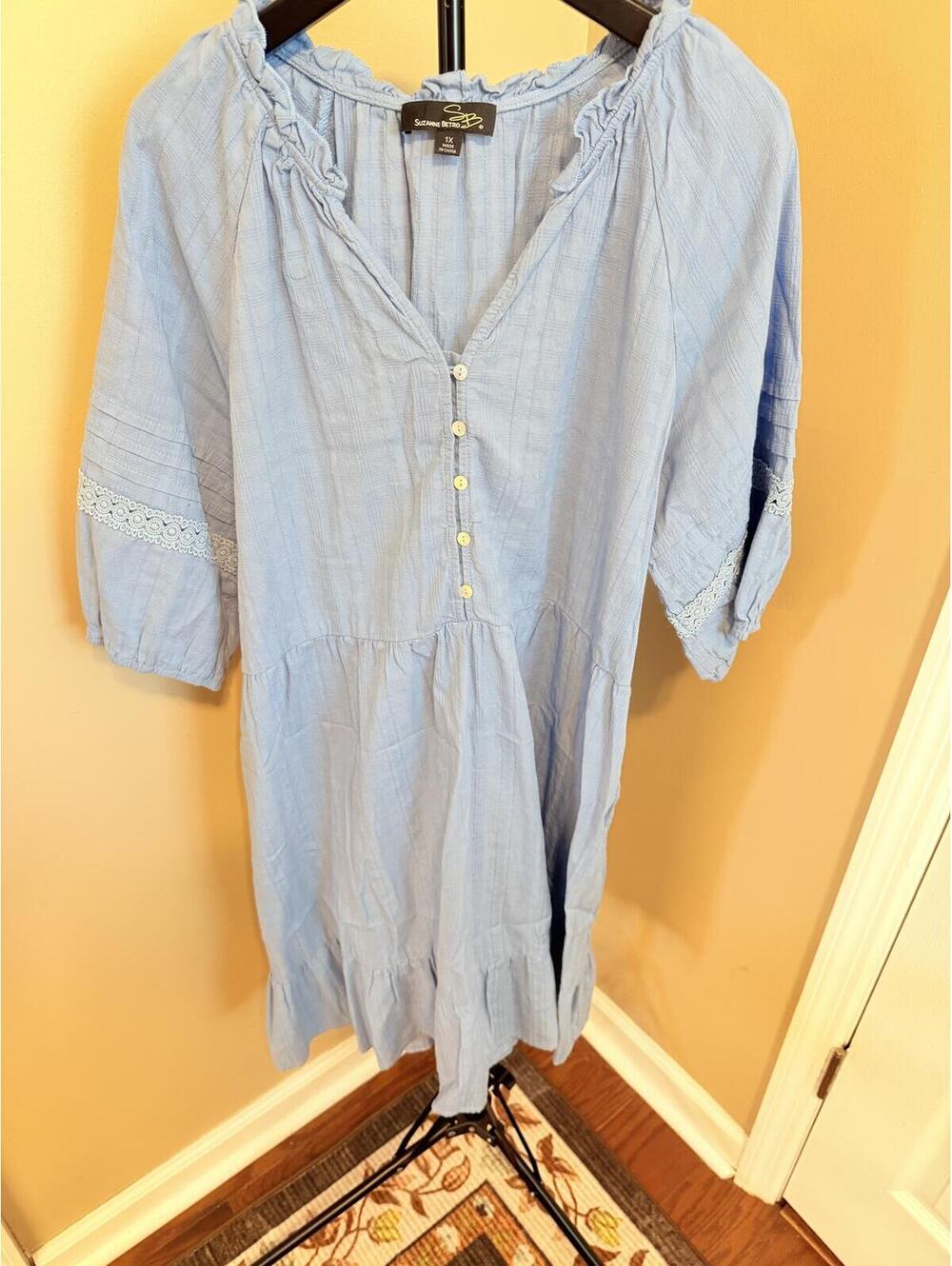 Suzanne Betro Light Blue Babydoll Dress 1X Boho Peasant Cottagecore Lace Trim